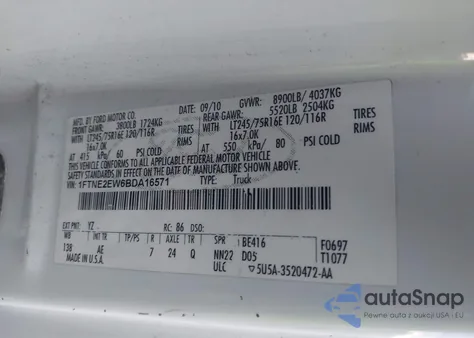 2011 Ford E-250 Commercial from USA, damaged, VIN 1FTNE2EW6BDA16571